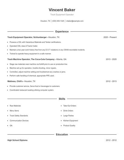 Track Equipment Operator Resume