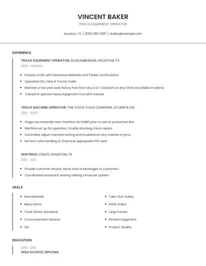 Track Equipment Operator Resume