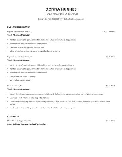 Track Machine Operator Resume