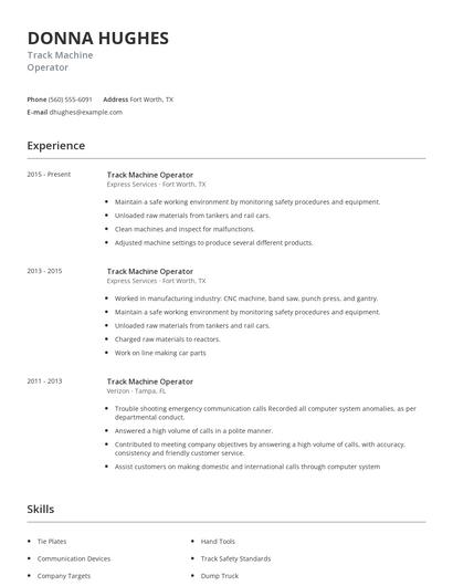 Track Machine Operator Resume