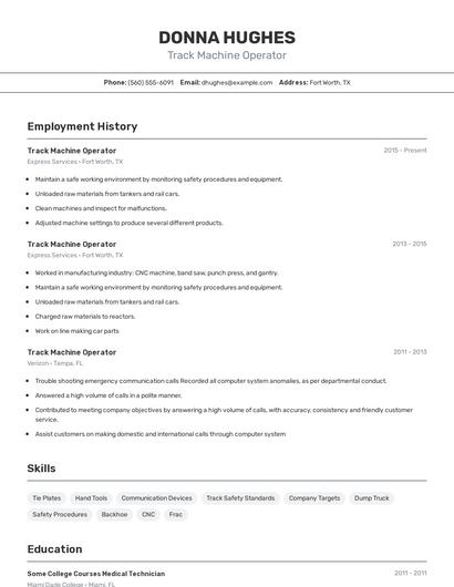 Track Machine Operator Resume