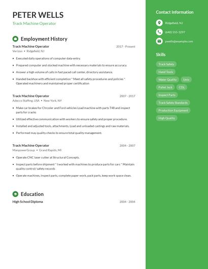 Track Machine Operator Resume