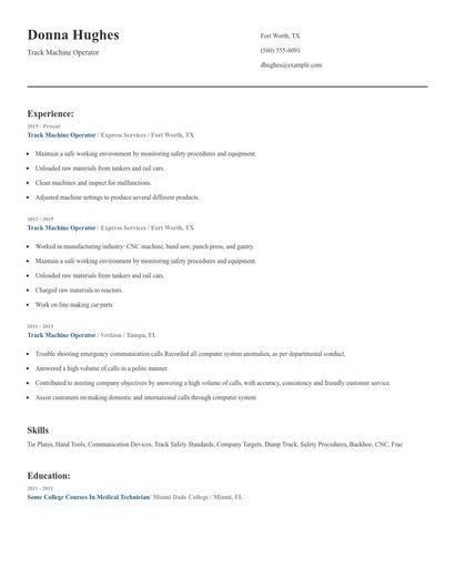 Track Machine Operator Resume