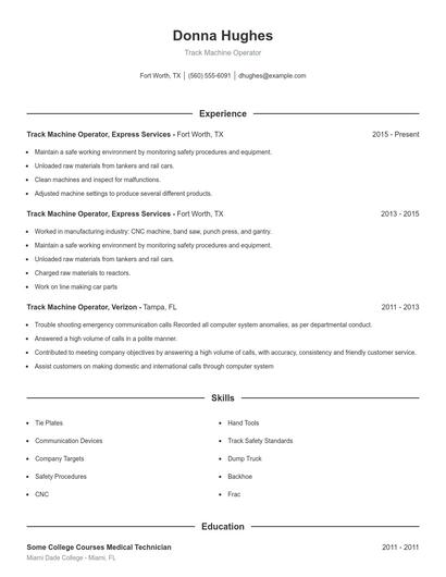 Track Machine Operator Resume