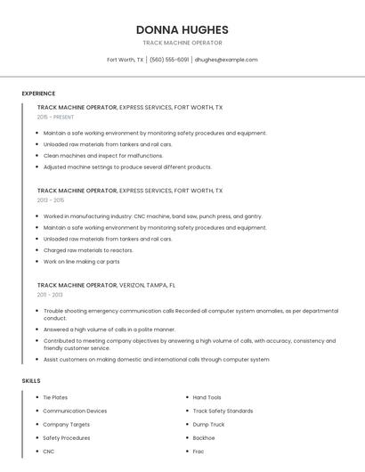 Track Machine Operator Resume