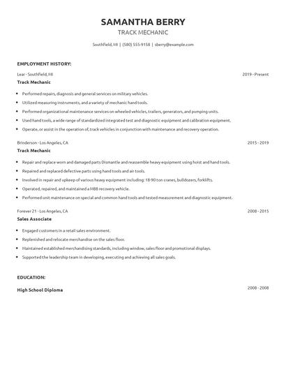 Track Mechanic Resume