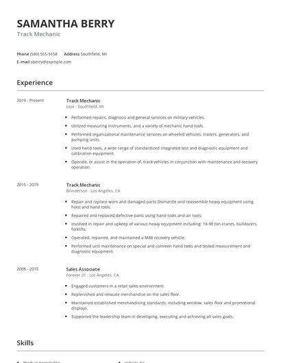 Track Mechanic Resume