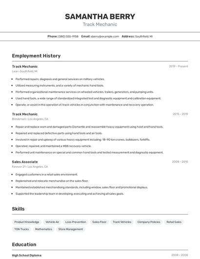Track Mechanic Resume