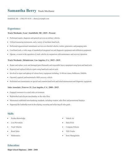Track Mechanic Resume