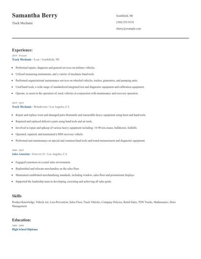 Track Mechanic Resume