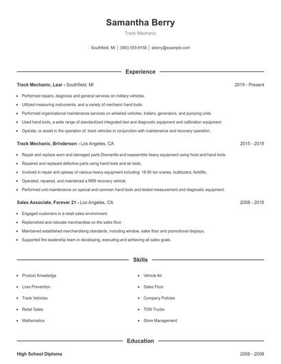 Track Mechanic Resume