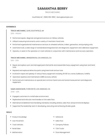 Track Mechanic Resume