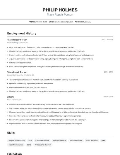 Track Repair Person Resume