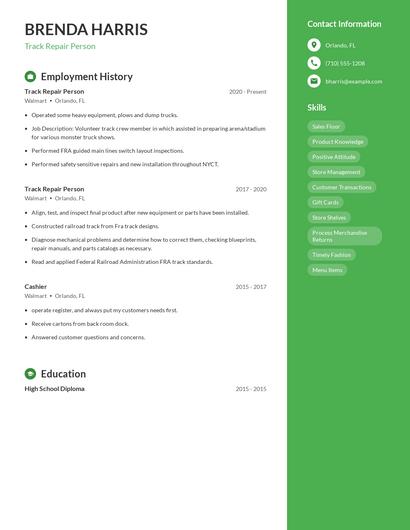 Track Repair Person Resume