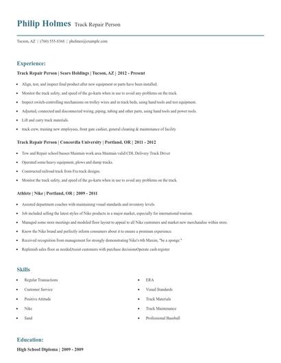 Track Repair Person Resume