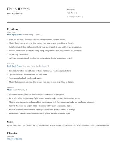 Track Repair Person Resume