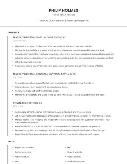 Track Repair Person Resume