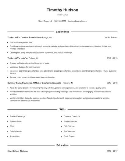 Trader JOE's Resume
