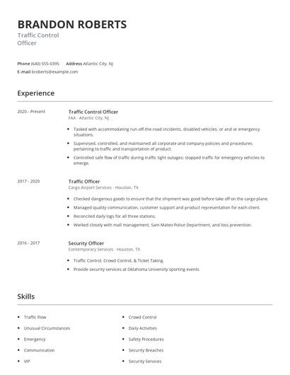 Traffic Control Officer Resume