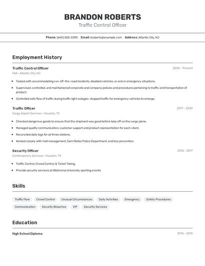 Traffic Control Officer Resume