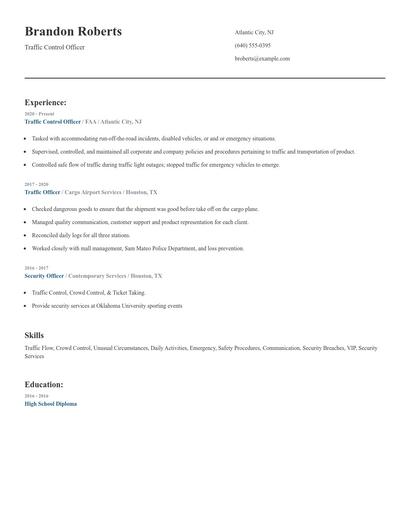 Traffic Control Officer Resume