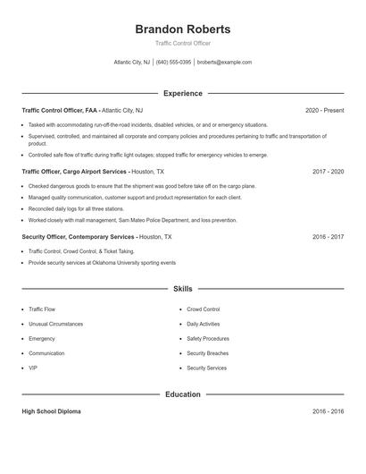 Traffic Control Officer Resume