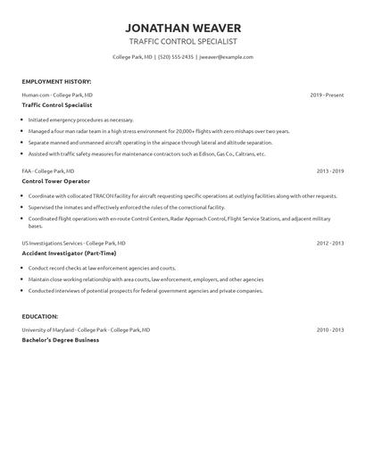 Traffic Control Specialist Resume