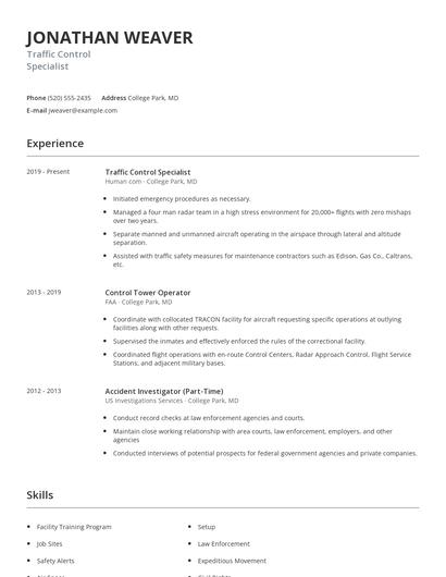 Traffic Control Specialist Resume