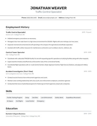 Traffic Control Specialist Resume