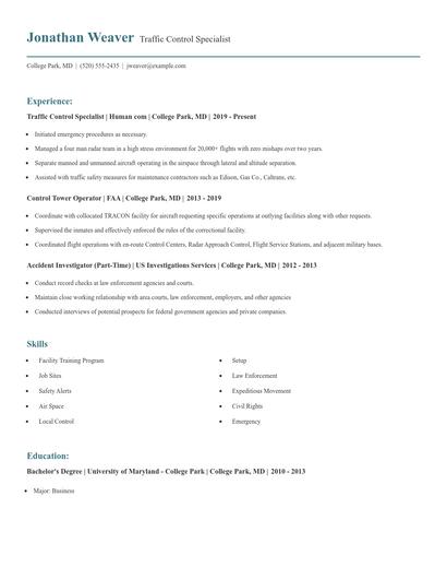 Traffic Control Specialist Resume