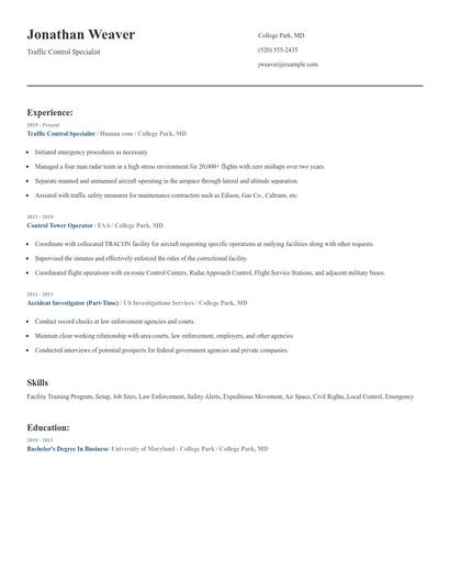 Traffic Control Specialist Resume