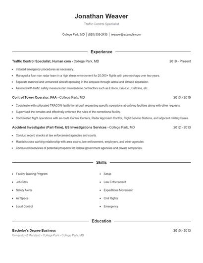Traffic Control Specialist Resume