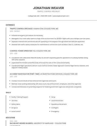 Traffic Control Specialist Resume
