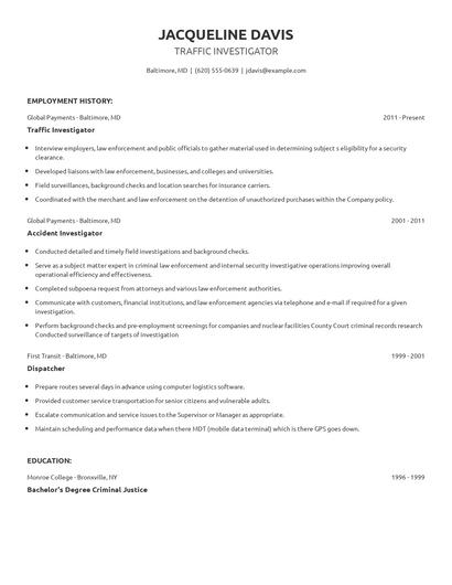 Traffic Investigator Resume