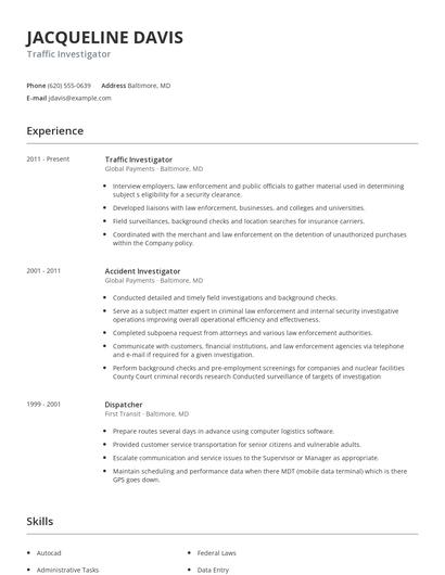 Traffic Investigator Resume