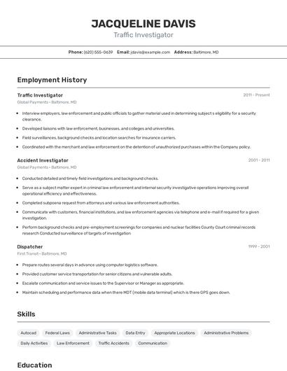 Traffic Investigator Resume