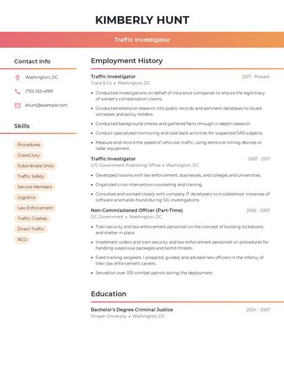 Traffic Investigator Resume