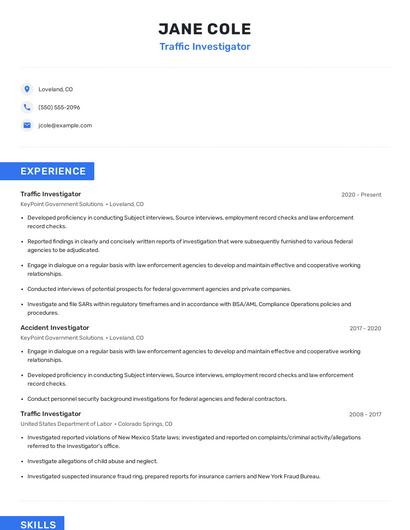 Traffic Investigator Resume