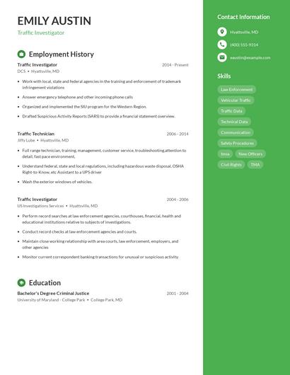 Traffic Investigator Resume