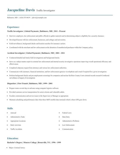 Traffic Investigator Resume