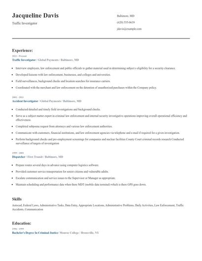 Traffic Investigator Resume