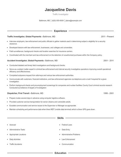 Traffic Investigator Resume