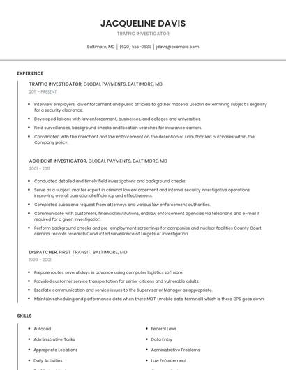 Traffic Investigator Resume