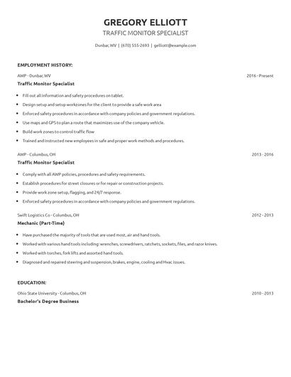 Traffic Monitor Specialist Resume
