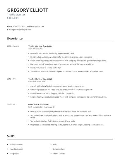 Traffic Monitor Specialist Resume