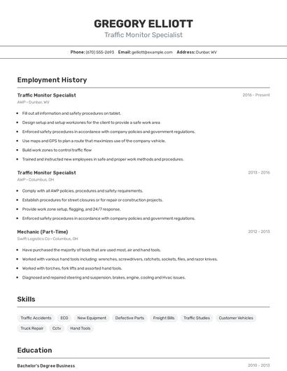 Traffic Monitor Specialist Resume