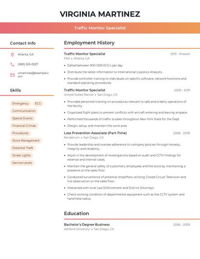 Traffic Monitor Specialist Resume