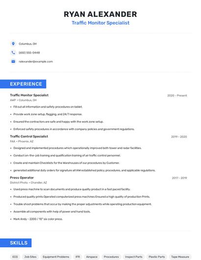 Traffic Monitor Specialist Resume