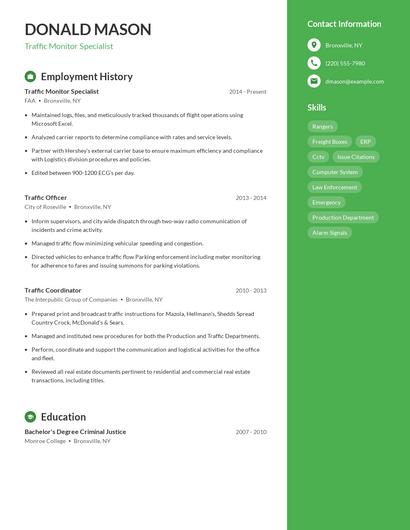 Traffic Monitor Specialist Resume