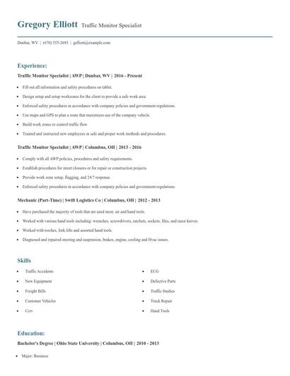 Traffic Monitor Specialist Resume